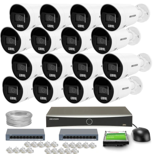 The image shows a comprehensive surveillance system featuring sixteen white security cameras, a digital video recorder, and various accessories including cables, connectors, and a mouse. This setup is designed for extensive monitoring coverage, suitable for both residential and commercial use.