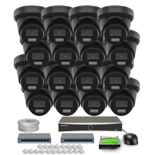 The image shows a comprehensive surveillance system package, including sixteen black dome cameras, a network video recorder, cables, connectors, and a mouse. This setup is designed for extensive security monitoring, providing high-quality video capture and reliable connectivity.