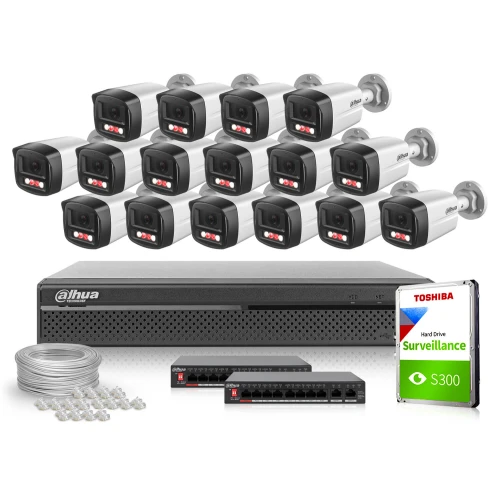 The image shows a comprehensive surveillance system featuring sixteen sleek, silver and black IP cameras designed for outdoor use. Included are a Dahua network video recorder, a Toshiba surveillance hard drive, Ethernet cables, and connectors for a complete security setup.