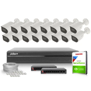 The image shows a comprehensive surveillance system package including sixteen white security cameras, a Dahua network video recorder, and a Toshiba surveillance hard drive. Additional components include two network switches, cables, and connectors for complete installation.