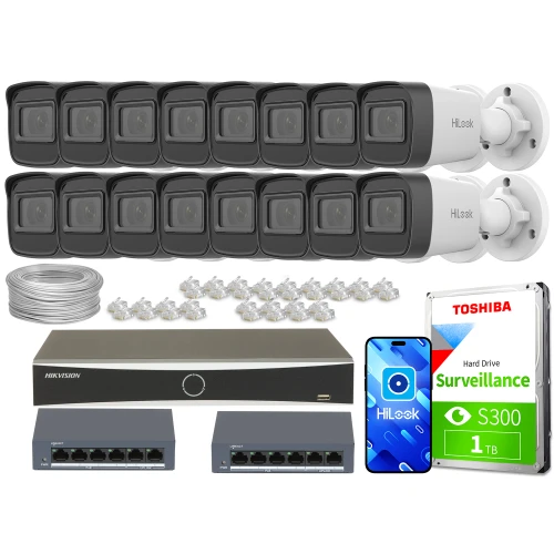 The image shows a comprehensive surveillance system package, including sixteen HiLook IP cameras, a Hikvision network video recorder, and a Toshiba 1TB surveillance hard drive. Additional components include two network switches, multiple connectors, and a coil of cabling for installation.