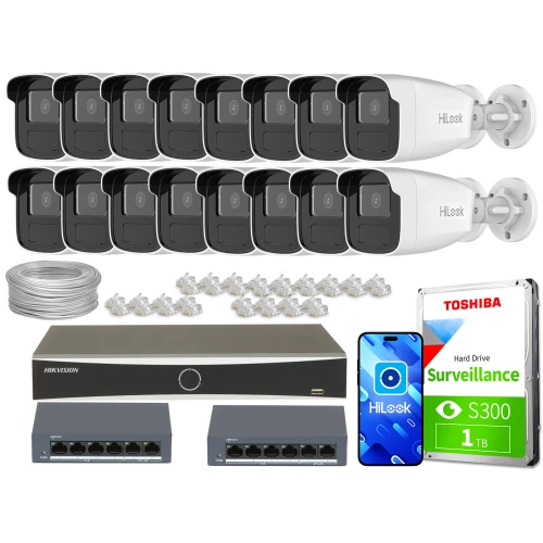The image shows a comprehensive surveillance system package, including sixteen HiLook IP cameras, a Hikvision network video recorder, and a Toshiba surveillance hard drive. Additional components include two network switches, a bundle of Ethernet cables, and several connectors, providing a complete setup for monitoring and security.