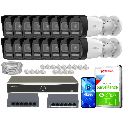The image shows a comprehensive surveillance system package, including sixteen HiLook security cameras, a Hikvision network video recorder, and a Toshiba surveillance hard drive. Additional components include Ethernet cables, connectors, and two network switches, providing a complete setup for monitoring and recording.