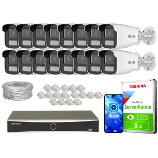 The image shows a comprehensive surveillance system package, including sixteen HiLook IP cameras, a Hikvision network video recorder, a Toshiba 1TB surveillance hard drive, and necessary cables and connectors. This setup is designed for extensive security monitoring, offering high-quality video recording and storage solutions.