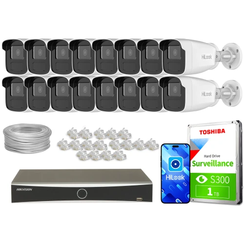 The image shows a comprehensive surveillance system package, including sixteen HiLook IP cameras, a Hikvision network video recorder, a Toshiba 1TB surveillance hard drive, cables, and connectors. This setup is designed for extensive security monitoring, providing high-quality video capture and storage solutions.