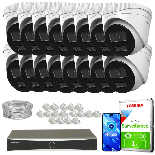 The image shows a comprehensive surveillance system package, including sixteen dome-shaped IP cameras, a digital video recorder, a 1TB Toshiba surveillance hard drive, cables, and connectors. This setup is designed for extensive security monitoring, providing high-quality video recording and storage solutions.
