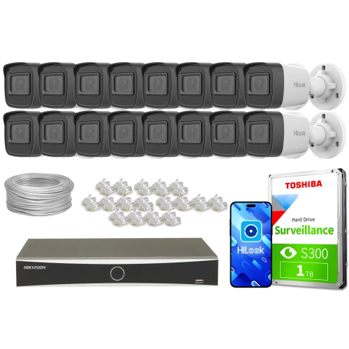 The image shows a comprehensive surveillance system package, including sixteen HiLook IP cameras, a Hikvision network video recorder, a Toshiba surveillance hard drive, cables, and connectors. This setup is designed for extensive security monitoring, offering high-quality video recording and storage solutions.