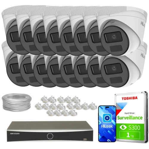 The image shows a comprehensive surveillance system package, including sixteen dome cameras, a digital video recorder, a Toshiba surveillance hard drive, and various cables and connectors. This setup is designed for extensive security monitoring, providing high-quality video capture and storage solutions.