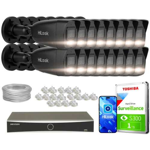 The image shows a comprehensive surveillance system package, including sixteen HiLook security cameras, a Hikvision network video recorder, a Toshiba 1TB surveillance hard drive, and necessary accessories like cables and connectors. This setup is designed for extensive monitoring needs, providing high-quality video capture and storage solutions.