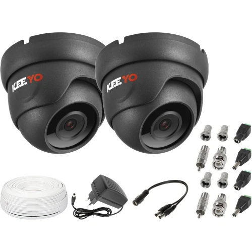 The image shows a surveillance kit featuring two black dome security cameras with a sleek design. Included are various connectors, a power adapter, and a long white cable for installation.