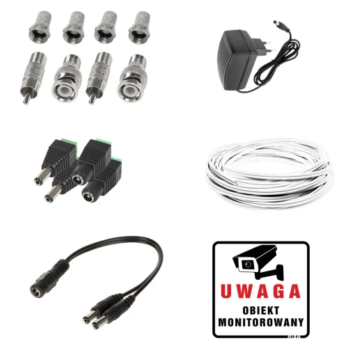 The image shows a comprehensive CCTV monitoring kit, including multiple connectors, a power adapter, a coil of cable, and a warning sign indicating surveillance. The kit also features various adapters and a splitter cable for versatile installation options.