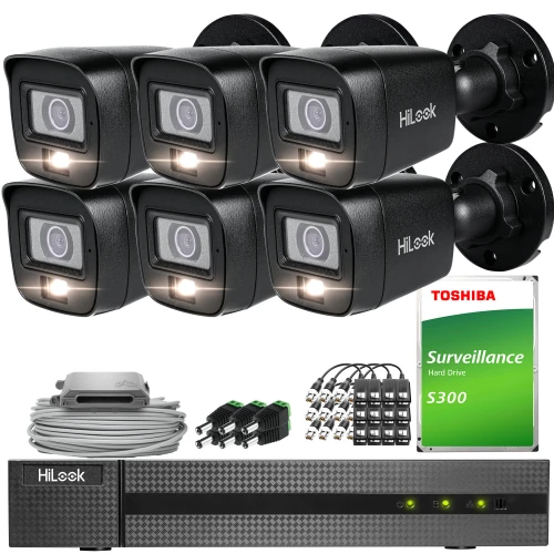 The image shows a comprehensive surveillance system featuring six black HiLook security cameras, a Toshiba surveillance hard drive, and a HiLook DVR. Additional components include cables, connectors, and a power adapter, all designed for efficient monitoring and recording.