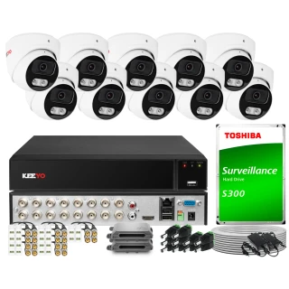 A comprehensive surveillance system featuring multiple dome cameras, a central recording unit, and a Toshiba S300 hard drive for storage. The set includes necessary cables, connectors, and mounting accessories for easy installation.