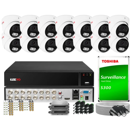 The image shows a comprehensive surveillance system package, including multiple dome cameras, a DVR unit, a Toshiba surveillance hard drive, and various cables and connectors. This setup is designed for extensive security monitoring, offering high-quality video recording and storage solutions.