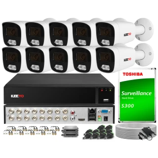 The image shows a comprehensive surveillance system package, including eight white security cameras, a DVR unit, a Toshiba surveillance hard drive, and various cables and connectors. This setup is designed for robust monitoring and recording, suitable for both residential and commercial use.