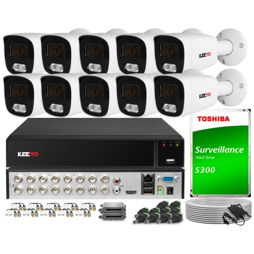 The image shows a comprehensive surveillance system package, including eight white security cameras, a DVR unit, a Toshiba surveillance hard drive, and various cables and connectors. This setup is designed for robust monitoring and recording, suitable for both residential and commercial use.