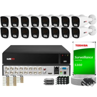 The image shows a comprehensive surveillance system package, including multiple security cameras, a recording unit, and a Toshiba surveillance hard drive. The set also includes various cables and connectors for installation.