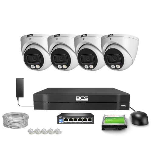 The image shows a complete surveillance system package, including four dome security cameras, a digital video recorder, a power adapter, cables, connectors, a network switch, and a hard drive. This setup is designed for comprehensive monitoring and recording, suitable for both residential and commercial use.