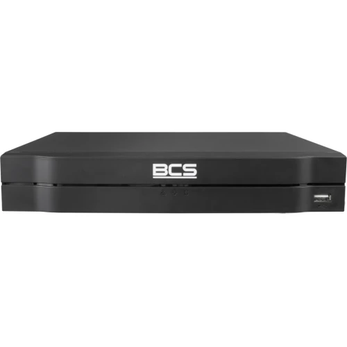 A sleek black BCS surveillance system recorder with a minimalist design and USB port on the front panel. The device features a prominent BCS logo and is designed for efficient video monitoring and security management.