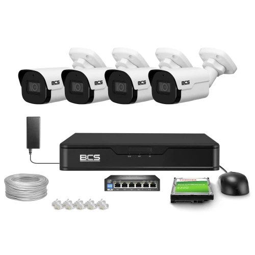The image shows a complete surveillance system set, including four BCS security cameras, a recording unit, and necessary accessories like cables and connectors. The package also includes a hard drive, a network switch, and a mouse for easy setup and operation.