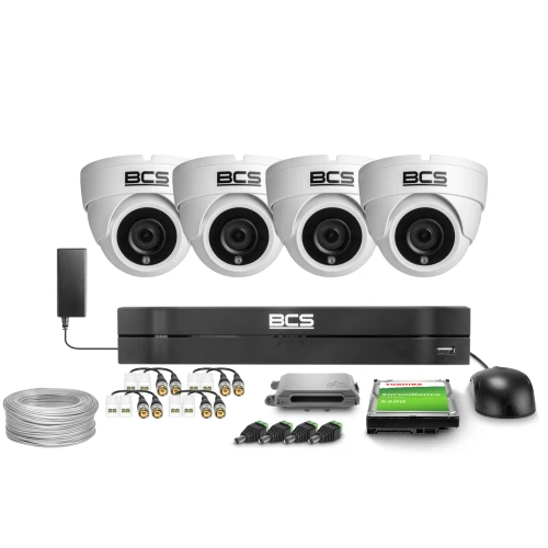 The image shows a complete surveillance system set featuring four white dome cameras, a black digital video recorder, and various accessories including cables, connectors, and a hard drive. The components are arranged neatly, highlighting the comprehensive nature of the security package.