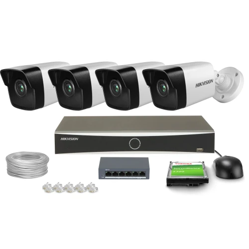 The image shows a complete surveillance system package, including four Hikvision security cameras, a network video recorder, and essential accessories like cables and connectors. The set also features a hard drive, a mouse, and a network switch for comprehensive monitoring solutions.