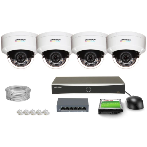 The image shows a complete surveillance system package, including four dome security cameras, a digital video recorder, and essential accessories like cables and connectors. The set also features a hard drive for storage, a network switch, and a computer mouse for easy navigation.