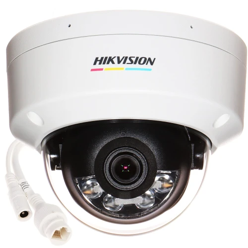 A white Hikvision dome security camera with a black lens and infrared LEDs is shown, designed for indoor or outdoor surveillance. The camera features a durable casing and multiple connection ports for easy installation.