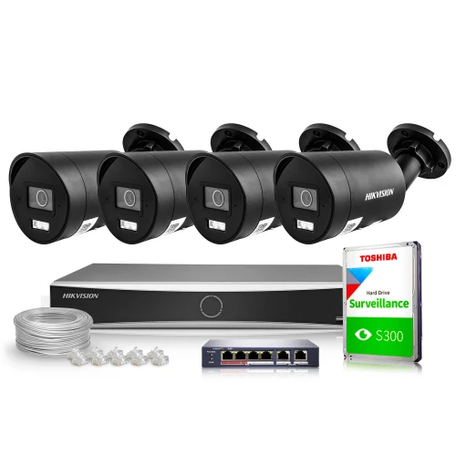 The image shows a complete surveillance system package, including four black Hikvision security cameras, a Hikvision network video recorder, and a Toshiba surveillance hard drive. Additional components include a network switch, Ethernet cables, and connectors, providing a comprehensive setup for monitoring and recording.