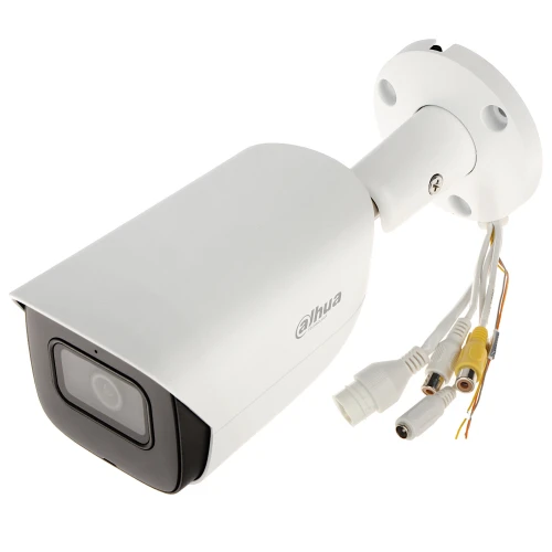 A sleek, white security camera with a cylindrical design and multiple connection cables is shown. The camera features a sturdy mounting bracket for easy installation on walls or ceilings.