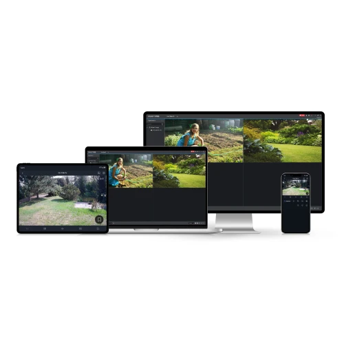 A surveillance system displayed on various devices, including a smartphone, tablet, laptop, and desktop monitor, showcasing its compatibility and versatility. The screens show clear images of outdoor garden areas, highlighting the system's high-resolution video quality.