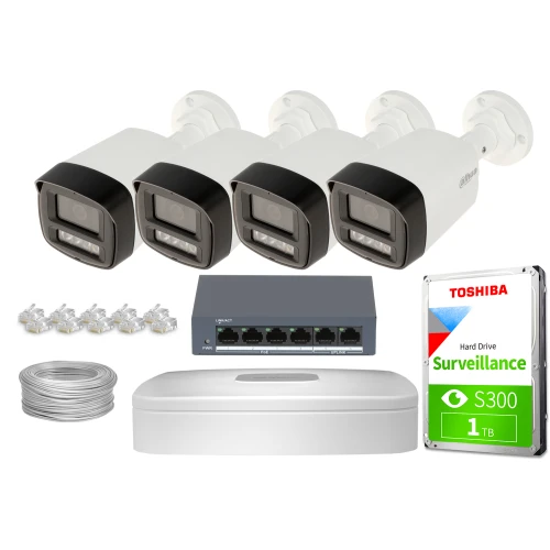 The image shows a complete surveillance system package, including four bullet-style security cameras, a network switch, a hard drive, and necessary cables. The cameras are designed for outdoor use, and the hard drive is specifically labeled for surveillance purposes.