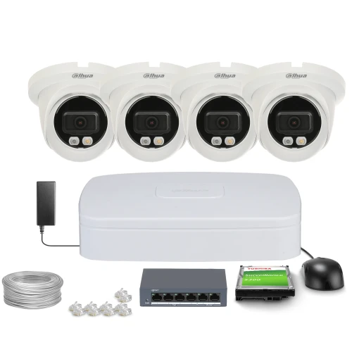 The image shows a complete surveillance system package, including four white dome security cameras, a network video recorder, a power adapter, a hard drive, a network switch, Ethernet cables, and connectors. This setup is designed for comprehensive monitoring and recording, suitable for both residential and commercial use.
