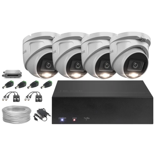 The image shows a complete surveillance system featuring four dome security cameras and a central recording unit. Included are various connectors, cables, and a power adapter for easy installation and setup.