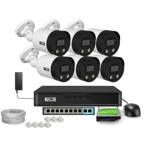 The image shows a comprehensive surveillance system package, including six white and black security cameras, a recording device, a power adapter, a network switch, cables, connectors, and a surveillance hard drive. This setup is designed for efficient monitoring and recording in various environments.