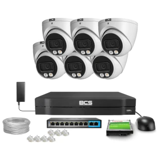 The image shows a comprehensive surveillance system package, including six white dome security cameras, a digital video recorder, a hard drive, a power adapter, Ethernet cables, and connectors. This setup is designed for robust monitoring and recording, suitable for both residential and commercial use.