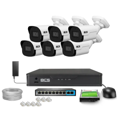 The image shows a complete surveillance system package, including six white security cameras, a recording device, and necessary accessories like cables and connectors. The set is designed for comprehensive monitoring, providing high-quality video capture and storage solutions.