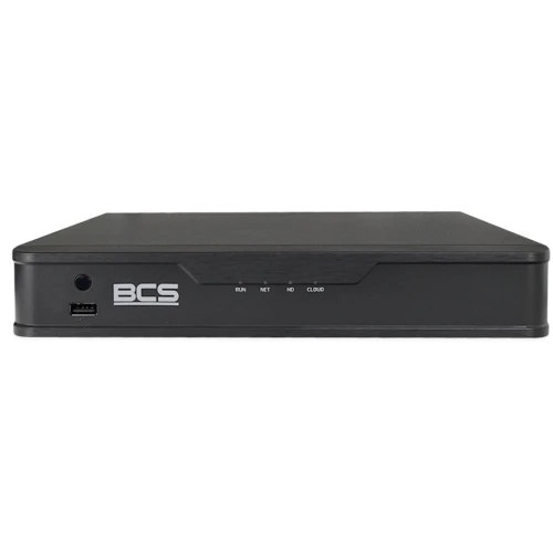 A sleek black surveillance DVR with a minimalist design features a USB port and indicator lights for run, network, HD, and cloud status. The BCS logo is prominently displayed on the front panel.