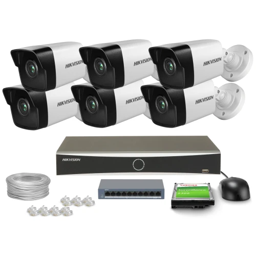 The image shows a comprehensive surveillance system package, including six Hikvision security cameras, a DVR unit, a hard drive, a network switch, cables, connectors, and a mouse. This setup is designed for robust monitoring and recording, suitable for both residential and commercial use.