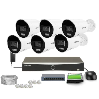 The image shows a comprehensive surveillance system package, including six white security cameras, a digital video recorder, and essential accessories like cables and connectors. The set is designed for efficient monitoring and recording, suitable for both residential and commercial use.