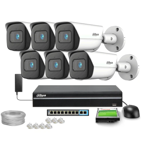 The image shows a complete surveillance system featuring six high-resolution security cameras and a digital video recorder. Included are necessary accessories such as cables, connectors, and a hard drive for storage.