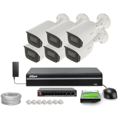 The image shows a complete surveillance system featuring six white security cameras, a recording device, and necessary accessories like cables and connectors. The setup includes a hard drive for storage and a mouse for easy navigation.