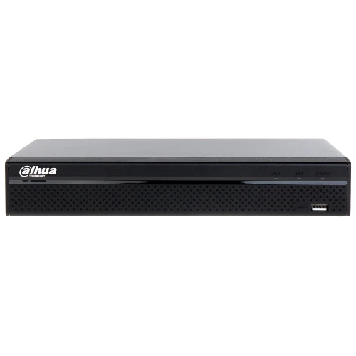 A sleek black Dahua Technology surveillance recorder with a perforated front panel and indicator lights for HDD, NET, and POWER. The device features a USB port on the lower right corner for easy connectivity.