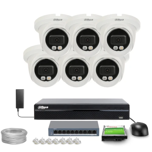 The image shows a complete surveillance system featuring six white dome security cameras, a network video recorder, and various accessories including cables and connectors. The setup is designed for comprehensive monitoring, providing high-quality video capture and storage solutions.