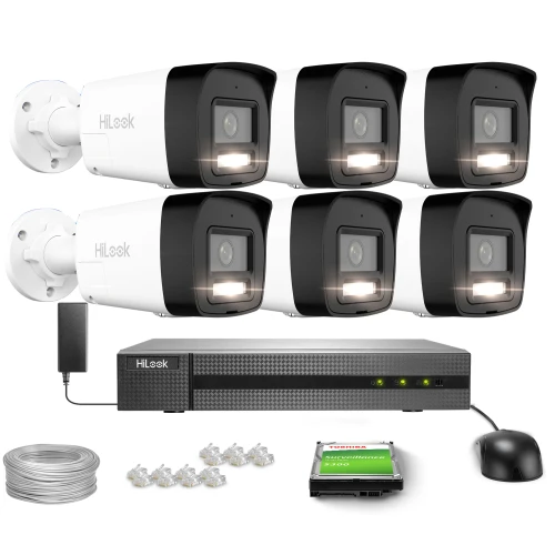 The image shows a surveillance system set featuring six black and white security cameras, a recording device, and various accessories including cables and connectors. The cameras are designed for outdoor use, providing high-quality video monitoring for enhanced security.