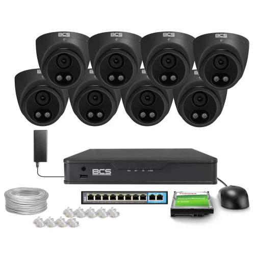 The image shows a comprehensive surveillance system featuring eight black BCS dome cameras, a central recording unit, and various accessories including cables and connectors. This setup is designed for extensive monitoring coverage, suitable for both residential and commercial use.