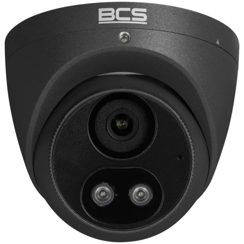 A sleek, black dome security camera with dual lenses and infrared capabilities, designed for comprehensive surveillance. The camera features a robust build with the BCS logo prominently displayed on the top.