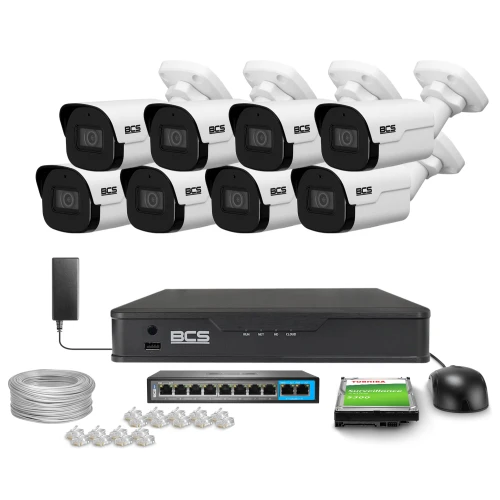 The image shows a comprehensive surveillance system package, including eight white security cameras, a recording device, and various accessories such as cables and connectors. The setup is designed for extensive monitoring coverage, suitable for both residential and commercial use.