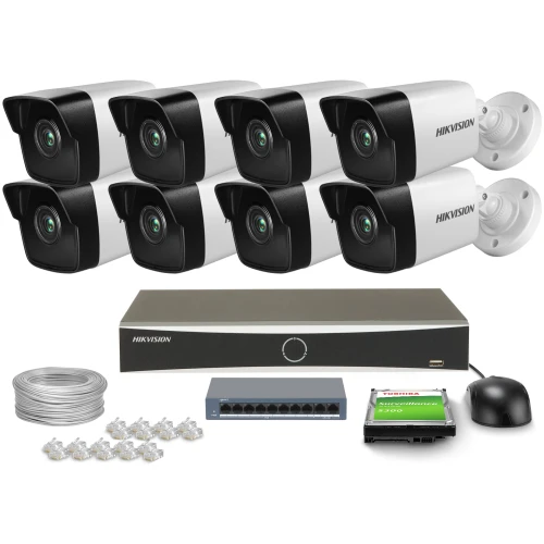 The image shows a comprehensive surveillance system featuring eight Hikvision security cameras, a digital video recorder, and essential accessories like cables and connectors. The set includes a hard drive for storage and a mouse for easy navigation.