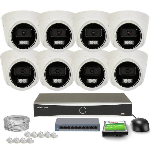 The image shows a comprehensive surveillance system featuring eight dome security cameras, a digital video recorder, and essential accessories like cables and connectors. This setup is designed for robust monitoring, providing high-quality video capture and reliable connectivity.